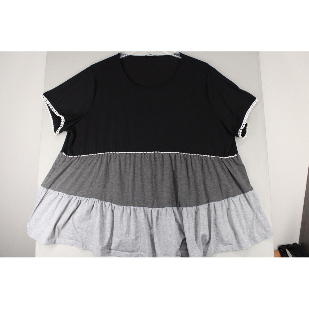 BloomChic Top Tiered Babydoll Womens 22-24 Black Grey Colorblock Pom Trim Boho